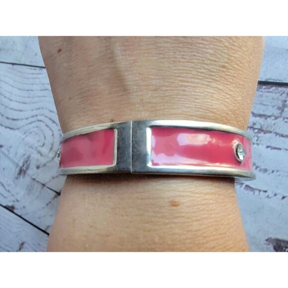 Silver Tone Pink Enamel Hinged Bangle Bracelet With Gems - Picture 4 of 7